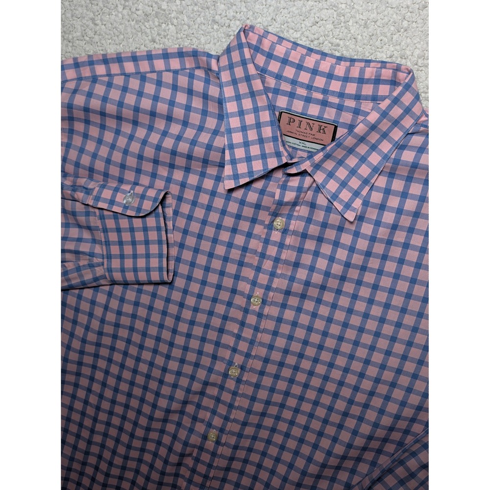 Thomas Pink Mens XXL Gingham Check Button Down Shirt Pink Blue 100% Cotton